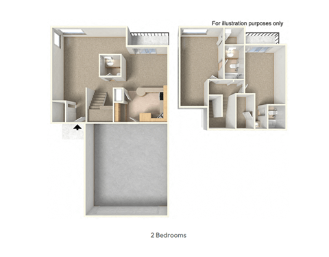 Floor plan for 2 beds, 2.5 baths, 1360 sqft